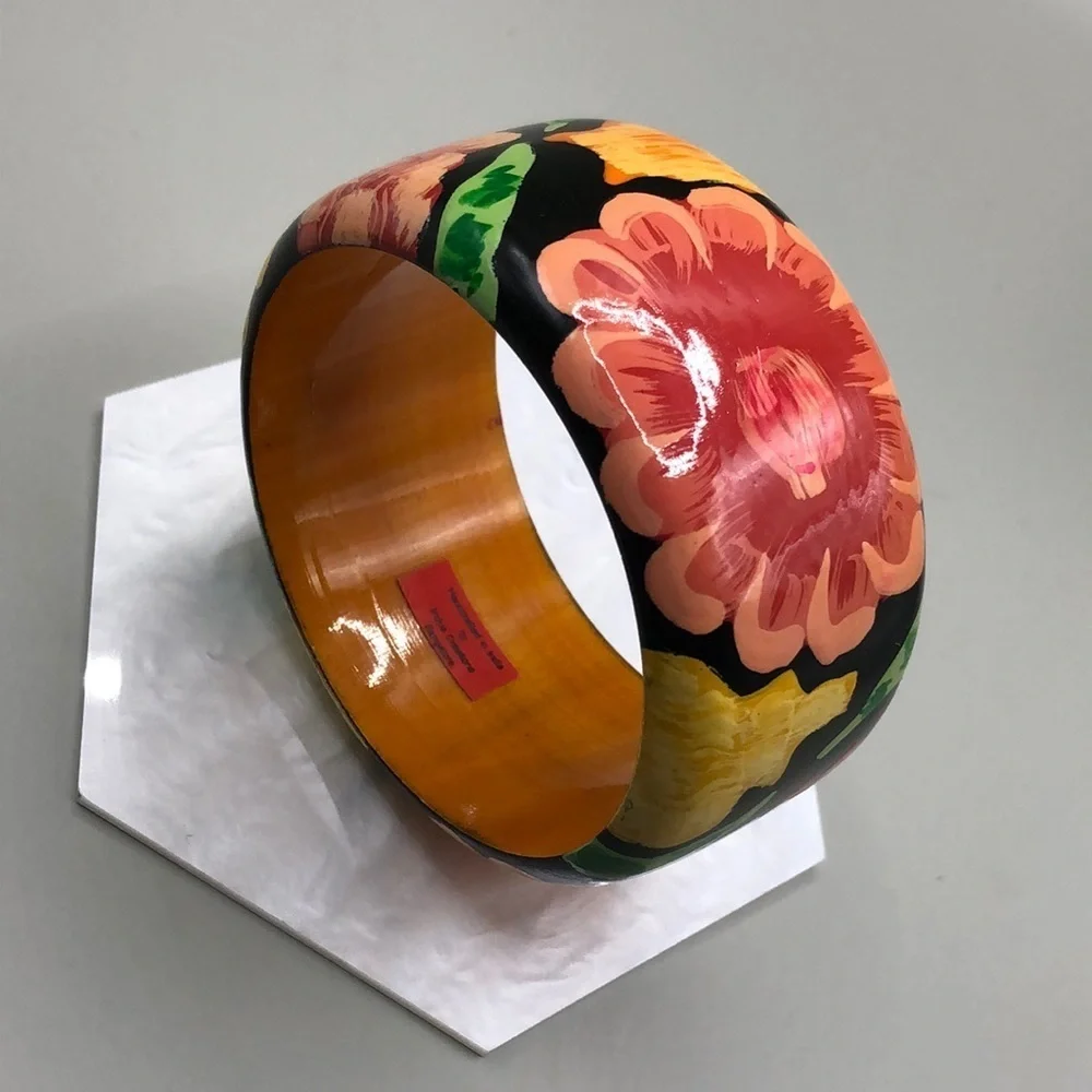 Handcrafted in India wooden hand painted floral flower bangle bracelet boho. - Picture 1 of 6